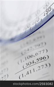 Close-up of a protractor with a financial document