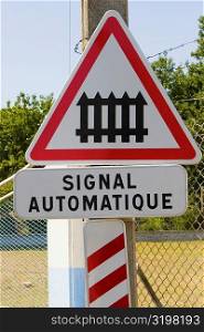 Close-up of a railroad crossing signboard, Loire Valley, France
