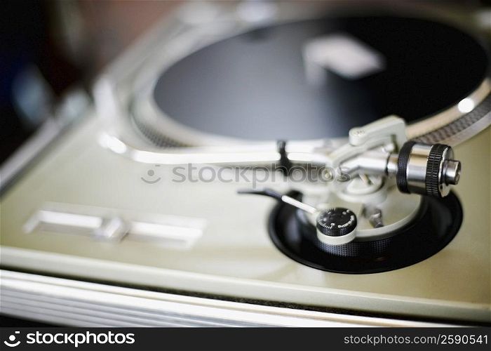 Close-up of a record spinning on a turntable