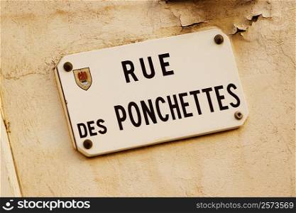 Close-up of a restaurant signboard mounted on a wall, Rue des Ponchettes, Nice, Provence-Alpes-Cote D&acute;Azur, France