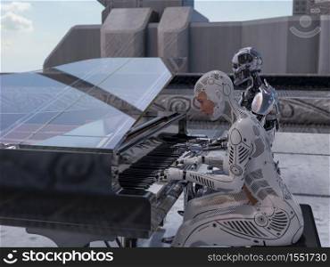 Close up of a robot and a woman playing piano - 3d rendering. Close up of a robot and a woman playing piano