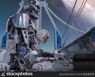 Close up of a robot and a woman playing piano with a big planet background - 3d rendering. Close up of a robot and a woman playing piano with a big planet background