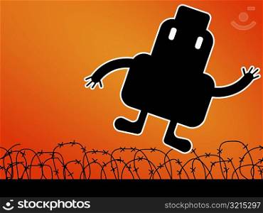 Close-up of a robot jumping in front of a barbed wire fence
