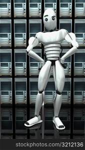 Close-up of a robot standing in front of a stack of computers
