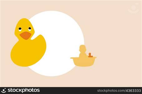 Close-up of a rubber duck with the silhouette of a child in a bathtub in the background