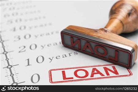 Close up of a rubber stamp with the text loan over timeline. Concept of term loan. 3D illustration. Term loan, Long-term repayment period.