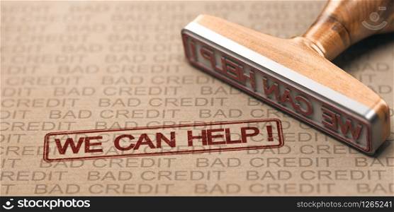 Close up of a rubber stamp with the text we can help over brown paper bad credits watermarks. Concept of debts solutions.. Bad Credit Fix. Debt Solutions Concept.