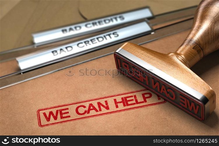 Close up of a rubber stamp with the text we can help over bad credits folders. Concept of debts solutions.. Bad Credit Debt Solutions Concept.