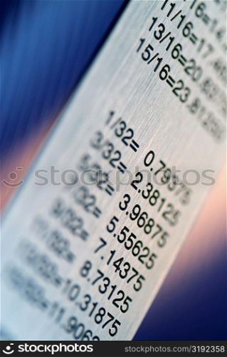 Close-up of a ruler with a conversion table