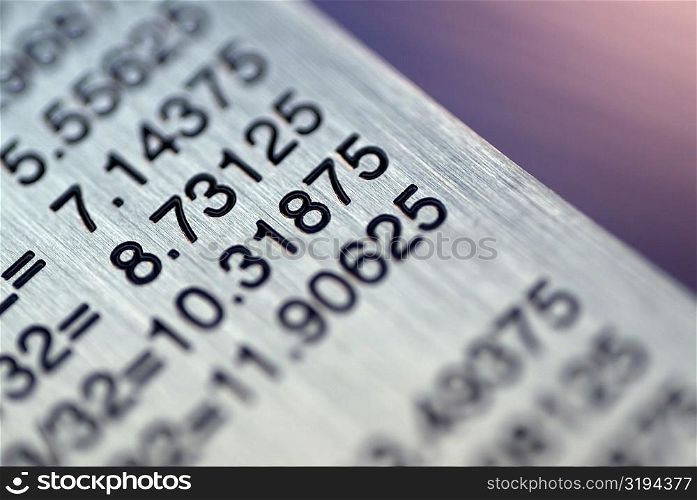 Close-up of a ruler with a conversion table