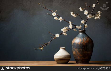 Close-up of a rustic Japanese clay vase in wabi-sabi style, showcasing natural imperfections and simplicity. Created with generative AI tools. Close-up of a rustic Japanese clay vase in wabi-sabi style. Created by AI