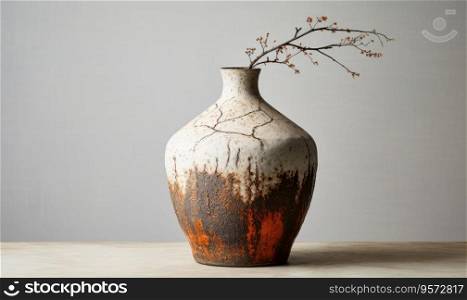 Close-up of a rustic Japanese clay vase in wabi-sabi style, showcasing natural imperfections and simplicity. Created with generative AI tools. Close-up of a rustic Japanese clay vase in wabi-sabi style. Created by AI