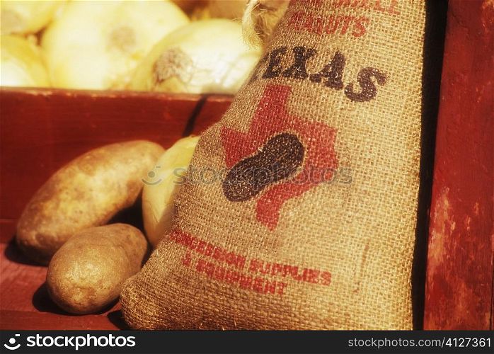 Close-up of a sack of raw potatoes, Texas, USA