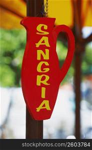 Close-up of a Sangria signboard