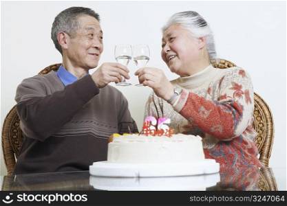Close-up of a senior couple toasting with wine glasses
