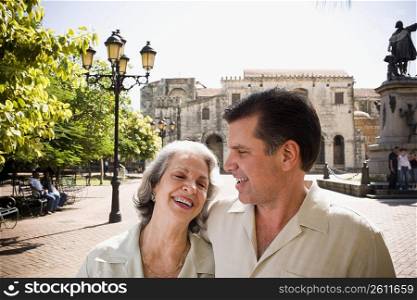 Close-up of a senior woman with her son smiling, Santo Domingo, Dominican Republic