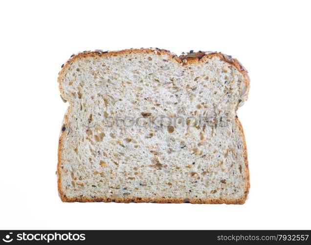 Close up of a single slice of whole wheat bread isolated on white background.