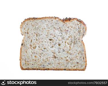 Close up of a single slice of whole wheat bread isolated on white background.
