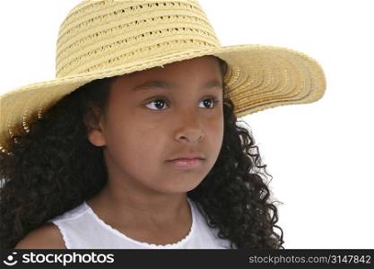 Close-up of a Six Year Old Girl In Yellow Hat Over White.
