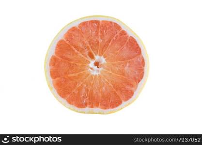 Close up of a sliced fresh grapefruit isolated on white background.