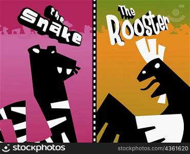 Close-up of a snake and a rooster