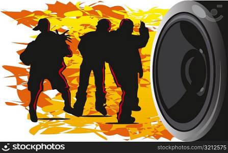 Close-up of a speaker with the silhouette of three people dancing in the background