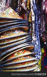 Close-up of a stack of Asian style conical hats in a store, Bali, Indonesia