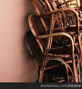 Close-up of a stack of bamboo chairs in a store