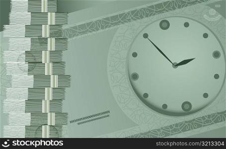 Close-up of a stack of paper money beside a wall clock