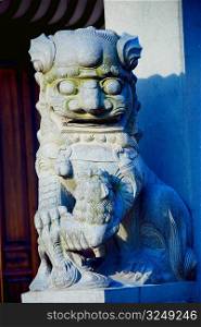 Close-up of a statue of a lion, Tunxi Old Street, Tunxi District, Anhui Province, China