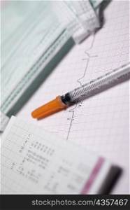 Close-up of a syringe on a graph paper