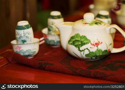 Close-up of a teapot with tea cups, Hefei, Anhui, China