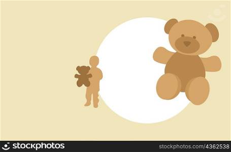 Close-up of a teddy bear with the silhouette of a child holding a teddy bear in the background