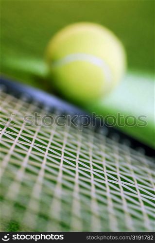 Close-up of a tennis racket and a tennis ball