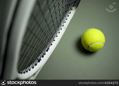 Close-up of a tennis racket with a tennis ball