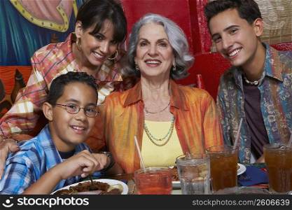 Close-up of a three generation family in a restaurant