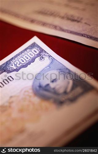 Close-up of a twenty thousand Japanese yen note