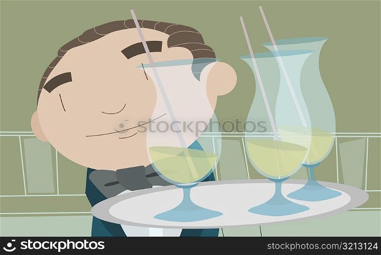 Close-up of a waiter serving drinks on a tray