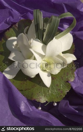 Close-up of a water lily corsage in purple paper