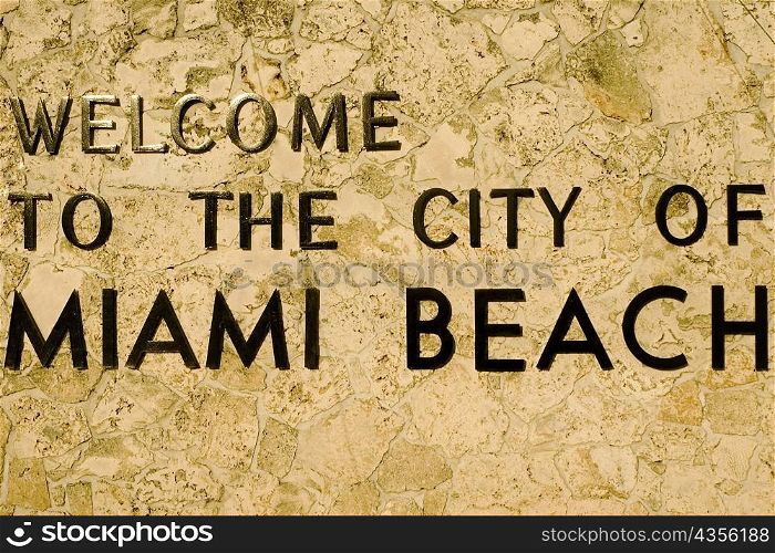 Close-up of a welcome signboard, Miami Beach, Florida, USA