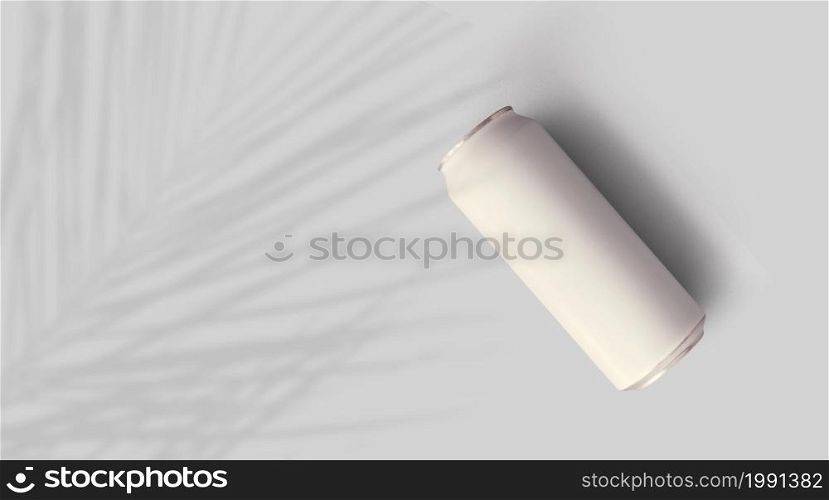Close up of a white aluminum tin can template on grey background. beverages product concept.