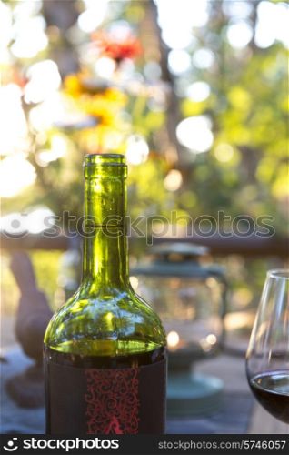 Close-up of a wine bottle with glass, Lake of The Woods, Ontario, Canada