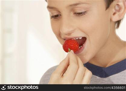 Close-up of a woman&acute;s hand feeding a boy a strawberry