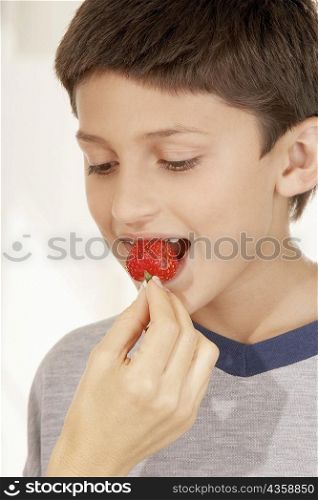 Close-up of a woman&acute;s hand feeding a boy a strawberry