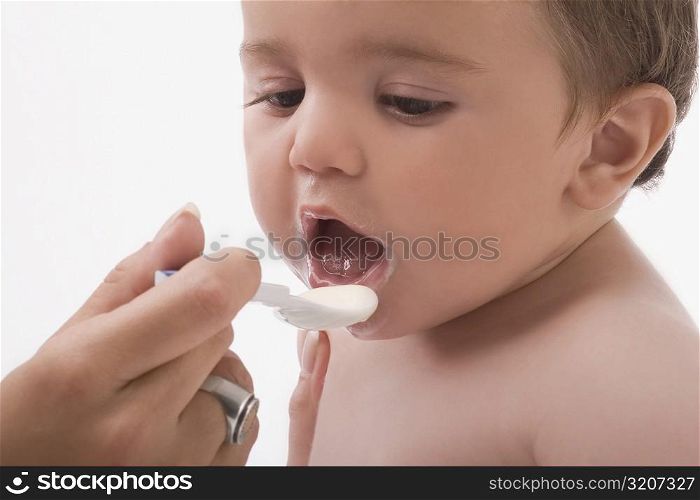 Close-up of a woman&acute;s hand feeding her son with a spoon