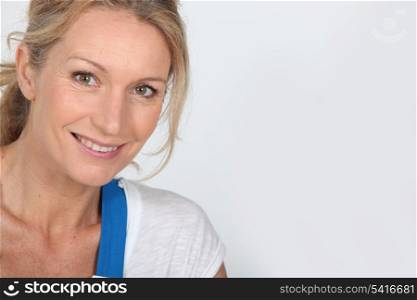 Close up of a woman in blue dungarees