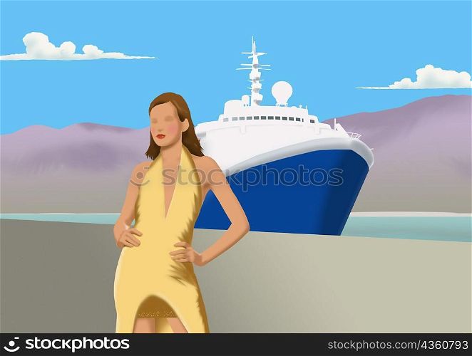 Close-up of a woman standing in front of a cruise ship