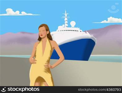 Close-up of a woman standing in front of a cruise ship