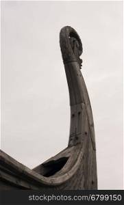 close-up of a wooden element of a Viking ship. Wood element Scandinavian Drakkar. Viking ship.