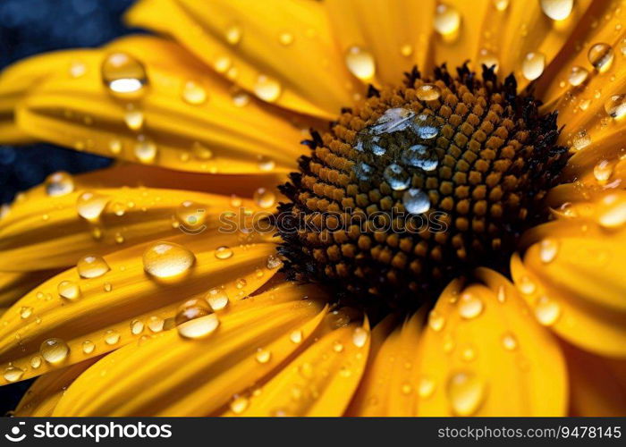 Close up of a yellow daisy fresh and dewy. Generative AI